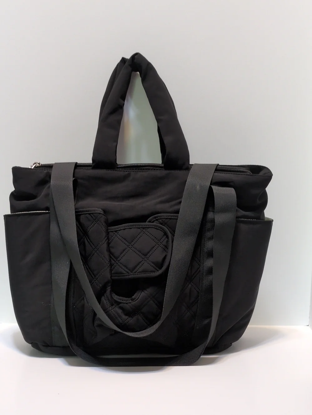 Black Quilted Multi Compartment Diaper Bag Tote Insulated Bottle Pocket